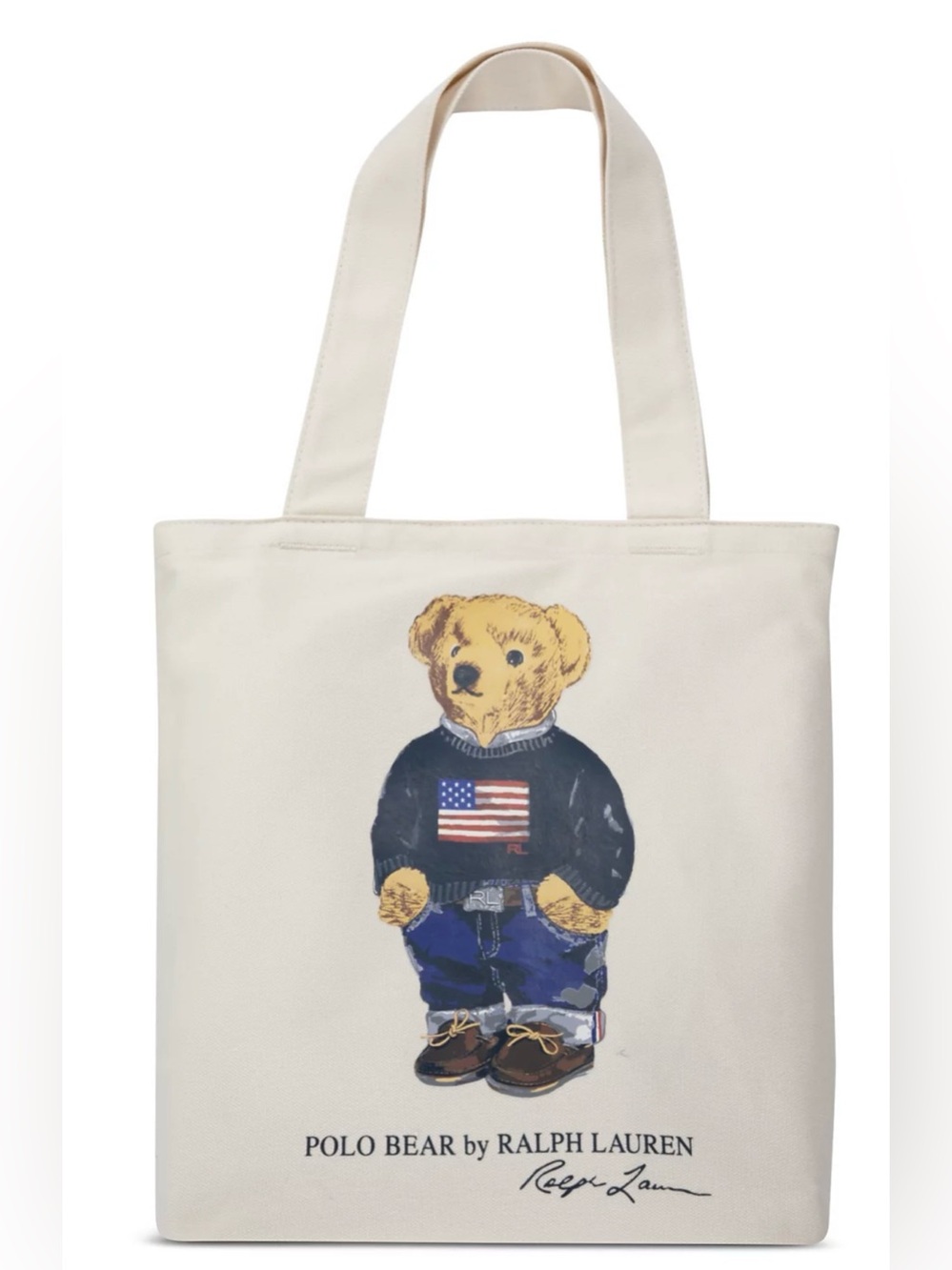Polo Ralph Lauren Natural FLAG SWEATER BEAR 13.0” Canvas Zip Top Tote Bag